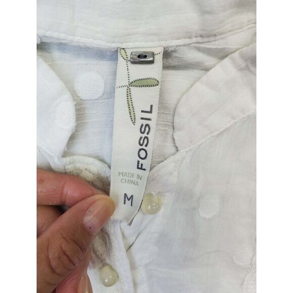 Fossil Blouse Top Womens Medium White Polka Dot Cotton 3/4 Sleeve Button Front - Picture 7 of 10